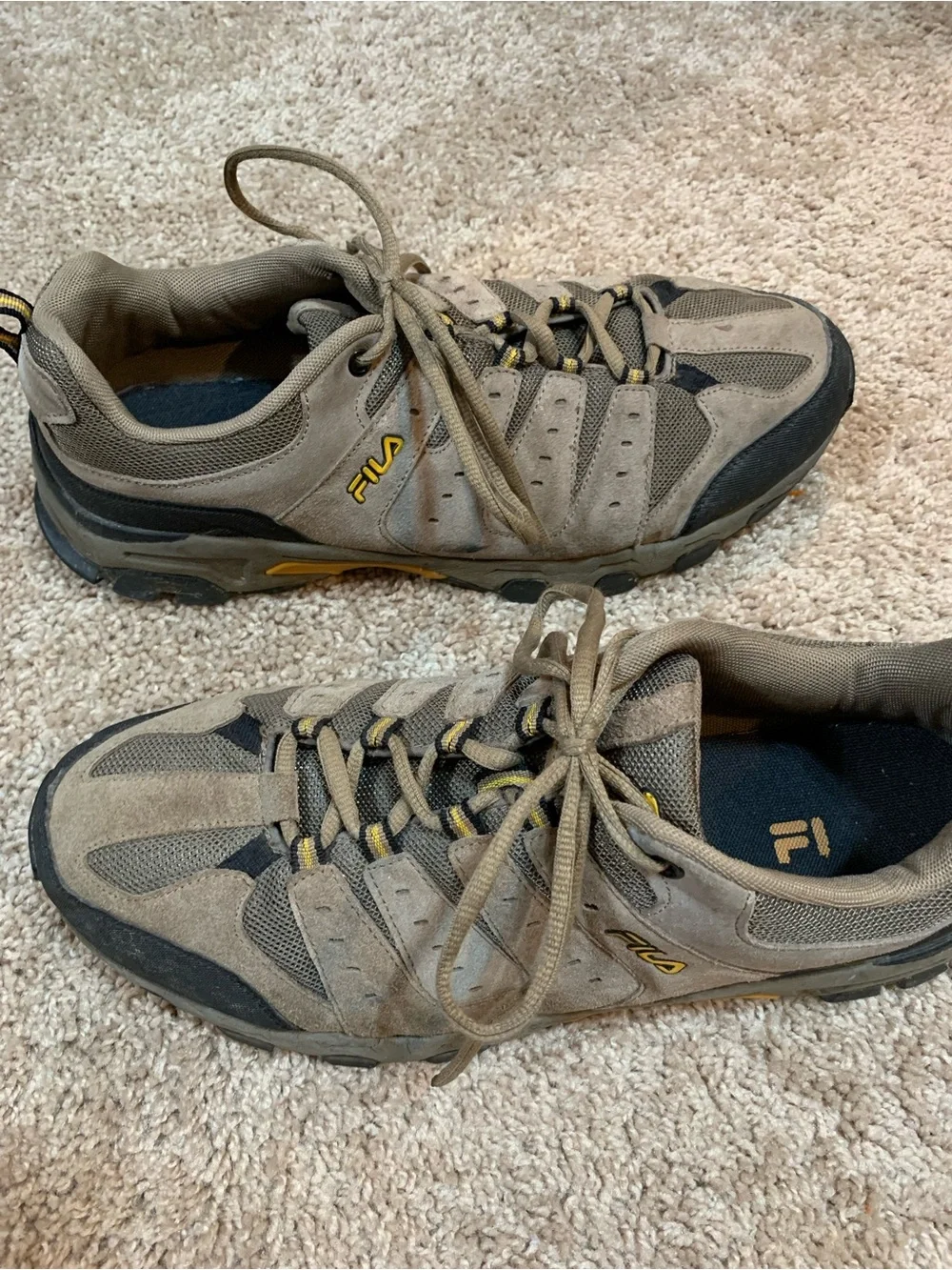 FILA Men's Tan and Black Athletic Trail Sneakers with Yellow Accents